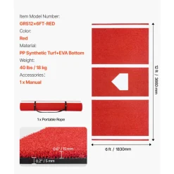 VEVOR Baseball Hitting Mat, 12x6 ft Batting Cage Mat, Batters Box Turf Mats, Softball Batting Practice Equipment with Home Plate and Anti Fade Turf, Portable Training Aid for Indoor Outdoor, Red
