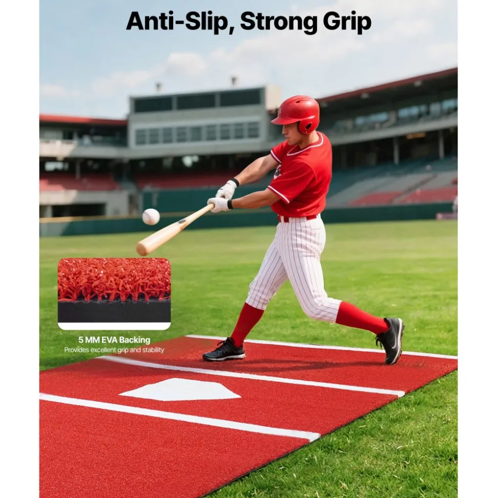 VEVOR Baseball Hitting Mat, 12x6 ft Batting Cage Mat, Batters Box Turf Mats, Softball Batting Practice Equipment with Home Plate and Anti Fade Turf, Portable Training Aid for Indoor Outdoor, Red