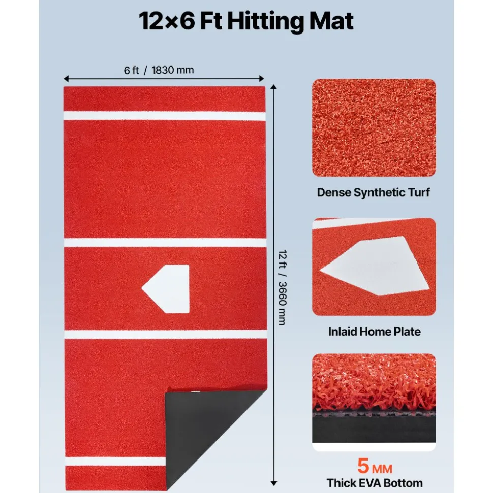 VEVOR Baseball Hitting Mat, 12x6 ft Batting Cage Mat, Batters Box Turf Mats, Softball Batting Practice Equipment with Home Plate and Anti Fade Turf, Portable Training Aid for Indoor Outdoor, Red