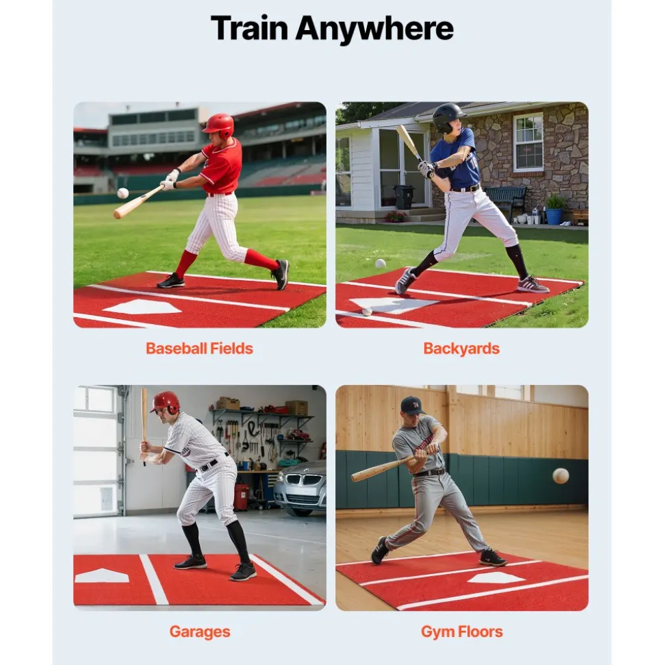 VEVOR Baseball Hitting Mat, 12x6 ft Batting Cage Mat, Batters Box Turf Mats, Softball Batting Practice Equipment with Home Plate and Anti Fade Turf, Portable Training Aid for Indoor Outdoor, Red