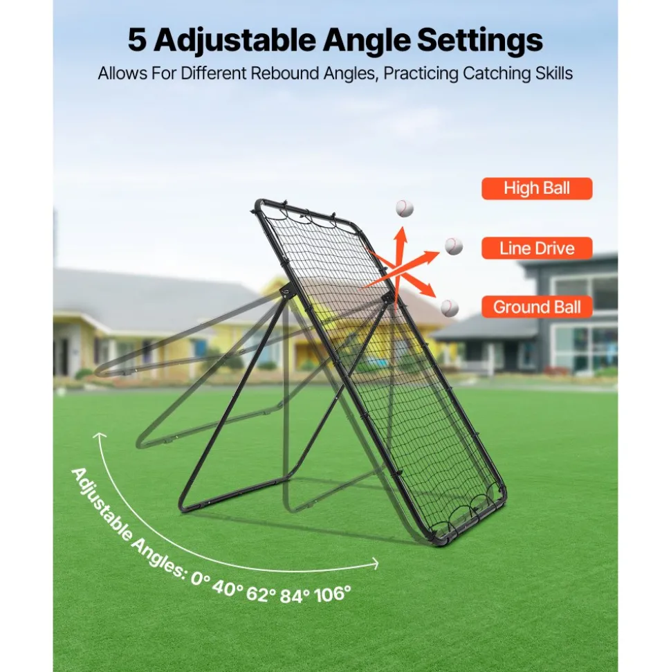 VEVOR Baseball Softball Rebounder Net 4 x 6 ft Pitch Back Trainer Target, 5 Adjustable Angles with Strike Zone, Steel Frame, Bounce Back Net for Pitching & Fielding Training, Return Practice