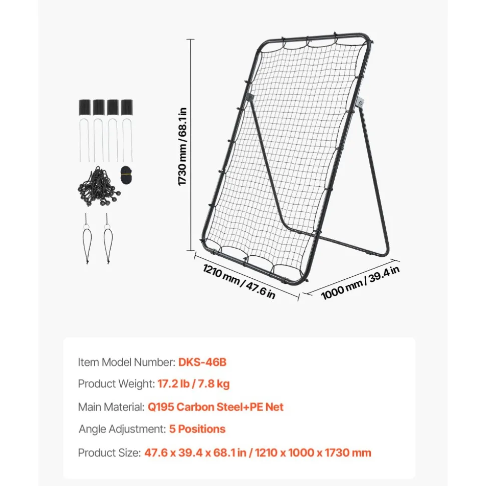 VEVOR Baseball Softball Rebounder Net 4 x 6 ft Pitch Back Trainer Target, 5 Adjustable Angles with Strike Zone, Steel Frame, Bounce Back Net for Pitching & Fielding Training, Return Practice