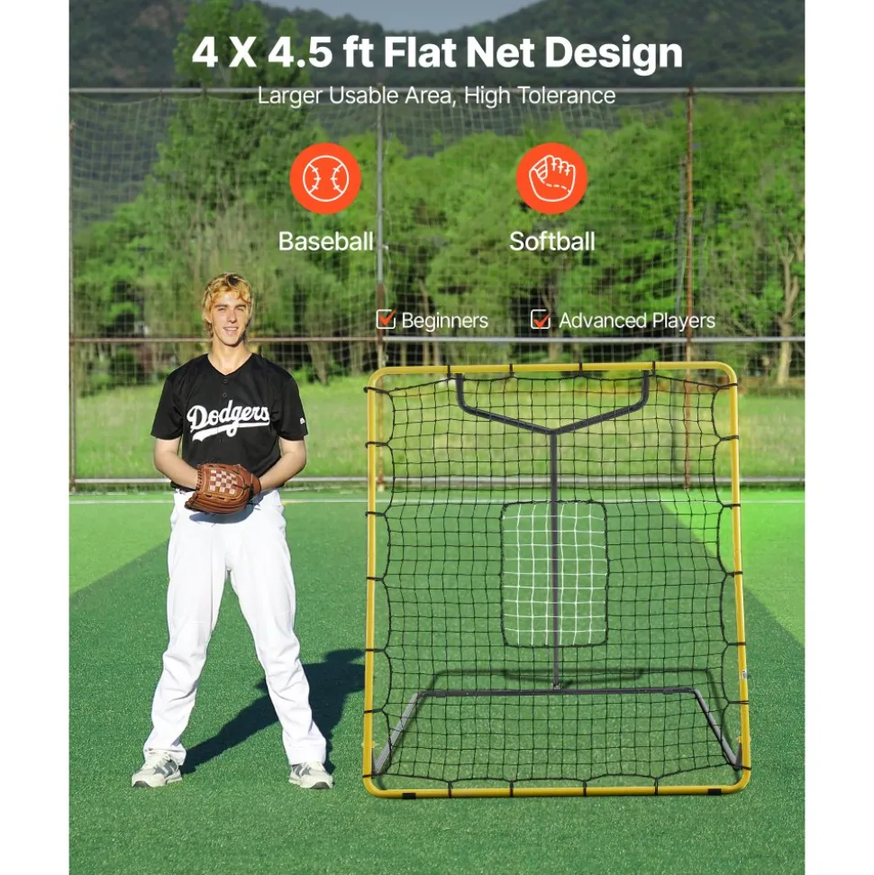 VEVOR Baseball Softball Rebounder Net 4 x 4.5 ft Pitch Back Trainer Target, 4 Adjustable Angles with Strike Zone, Steel Frame, Bounce Back Net for Pitching & Fielding Training, Return Practice