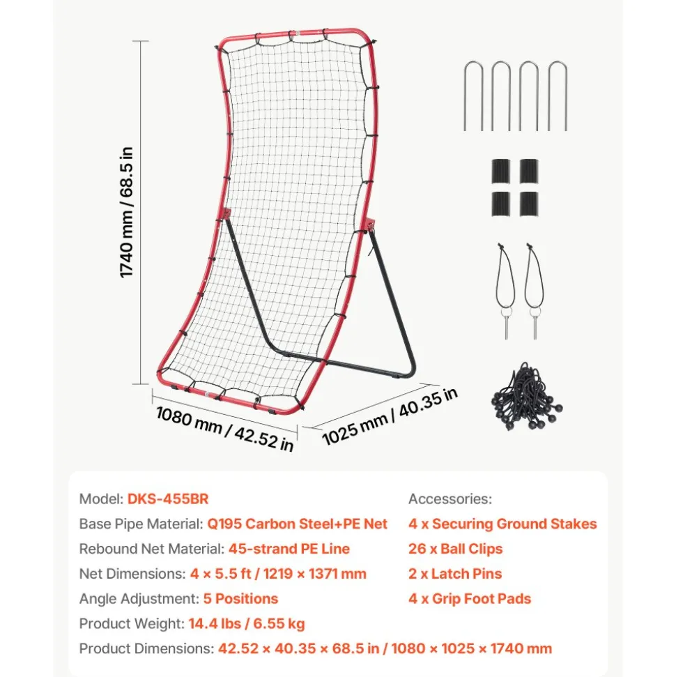 VEVOR Baseball Softball Rebounder Net 4 x 5.5 ft Pitch Back Trainer, 5 Adjustable Angles, Heavy-duty Steel Frame, All Angle Bounce Back Net for Pitching & Fielding Training Aid, Return Practice