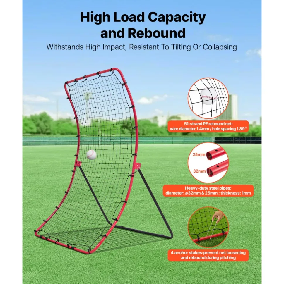 VEVOR Baseball Softball Rebounder Net 4 x 5.5 ft Pitch Back Trainer, 5 Adjustable Angles, Heavy-duty Steel Frame, All Angle Bounce Back Net for Pitching & Fielding Training Aid, Return Practice