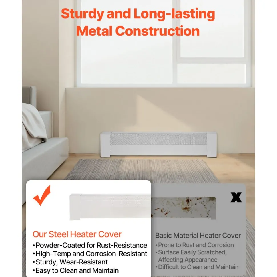 VEVOR Baseboard Heater Covers, Basic Series 3 ft Standard Electric Heating Unit Front Cover for Home Improvement, Heavy-duty Steel, Easy Installation for Bedroom Replacing Old Cover, White
