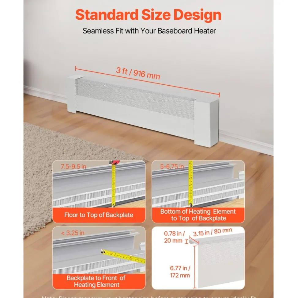 VEVOR Baseboard Heater Covers, Basic Series 3 ft Standard Electric Heating Unit Front Cover for Home Improvement, Heavy-duty Steel, Easy Installation for Bedroom Replacing Old Cover, White