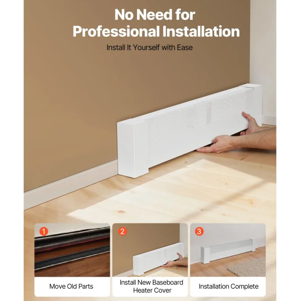 VEVOR Baseboard Heater Covers, Basic Series 3 ft Standard Electric Heating Unit Front Cover for Home Improvement, Heavy-duty Steel, Easy Installation for Bedroom Replacing Old Cover, White