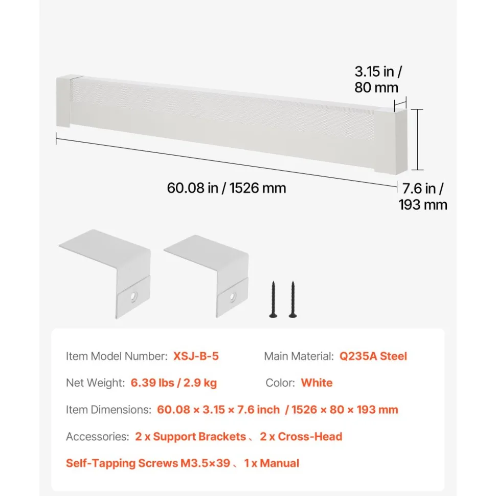 VEVOR Baseboard Heater Covers, Basic Series 5 ft Standard Electric Heating Unit Front Cover for Home Improvement, Heavy-duty Steel, Easy Installation for Bedroom Replacing Old Cover, White