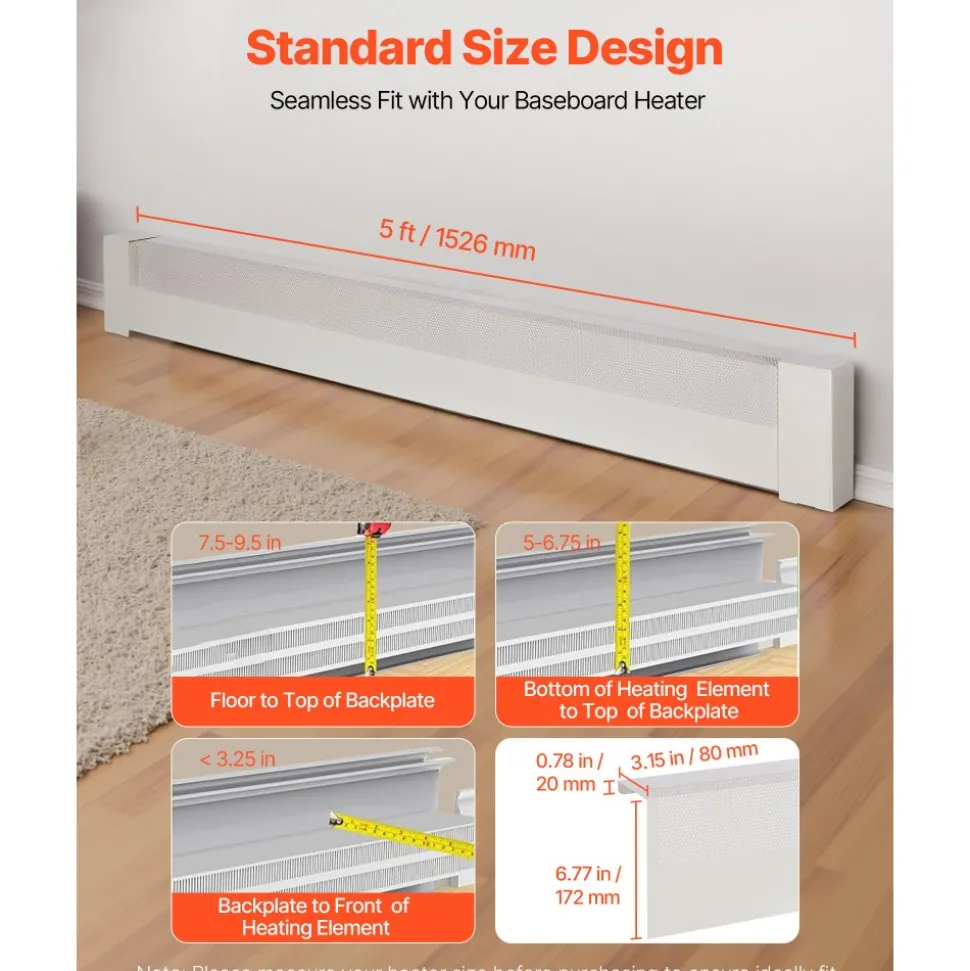 VEVOR Baseboard Heater Covers, Basic Series 5 ft Standard Electric Heating Unit Front Cover for Home Improvement, Heavy-duty Steel, Easy Installation for Bedroom Replacing Old Cover, White