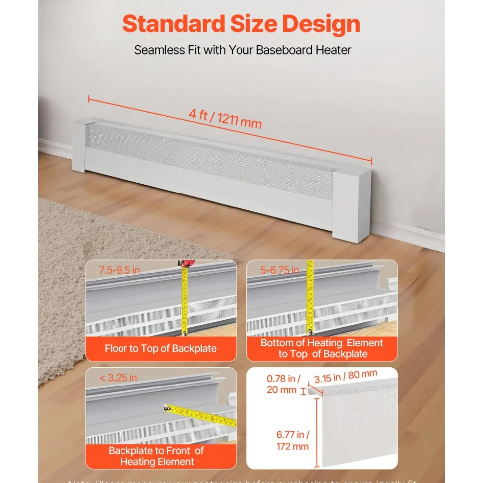 VEVOR Baseboard Heater Covers, Basic Series 4 ft Standard Electric Heating Unit Front Cover for Home Improvement, Heavy-duty Steel, Easy Installation for Bedroom Replacing Old Cover, White