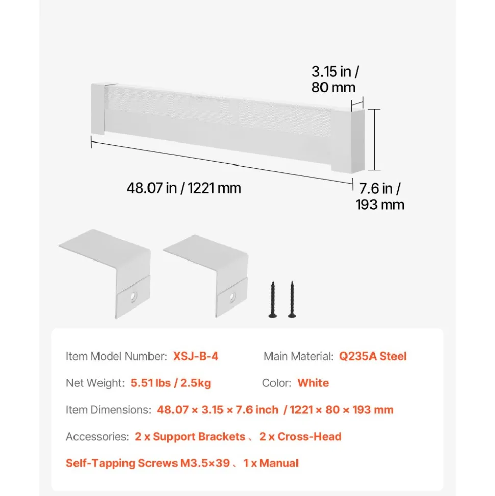 VEVOR Baseboard Heater Covers, Basic Series 4 ft Standard Electric Heating Unit Front Cover for Home Improvement, Heavy-duty Steel, Easy Installation for Bedroom Replacing Old Cover, White