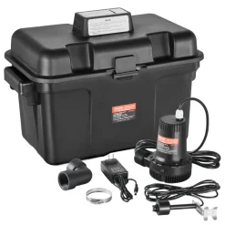 VEVOR Basement Emergency Back-Up Sump Pump, 2000GPH 0.17 HP Backup Sump Pump System, with 15V Adapter, Float Switch, 24-Hour-a-Day Monitoring Controller, Alerts, and Charger, Black