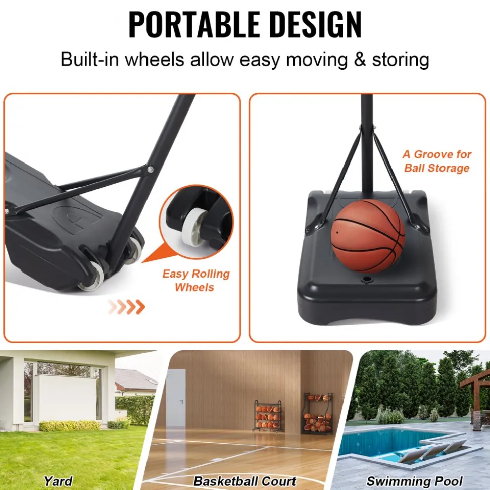 VEVOR Basketball Hoop, 4-10 ft Adjustable Height Portable Backboard System, 44 inch Basketball Hoop & Goal, Kids & Adults Basketball Set with Wheels, Stand, and Fillable Base, for Outdoor/Indoor