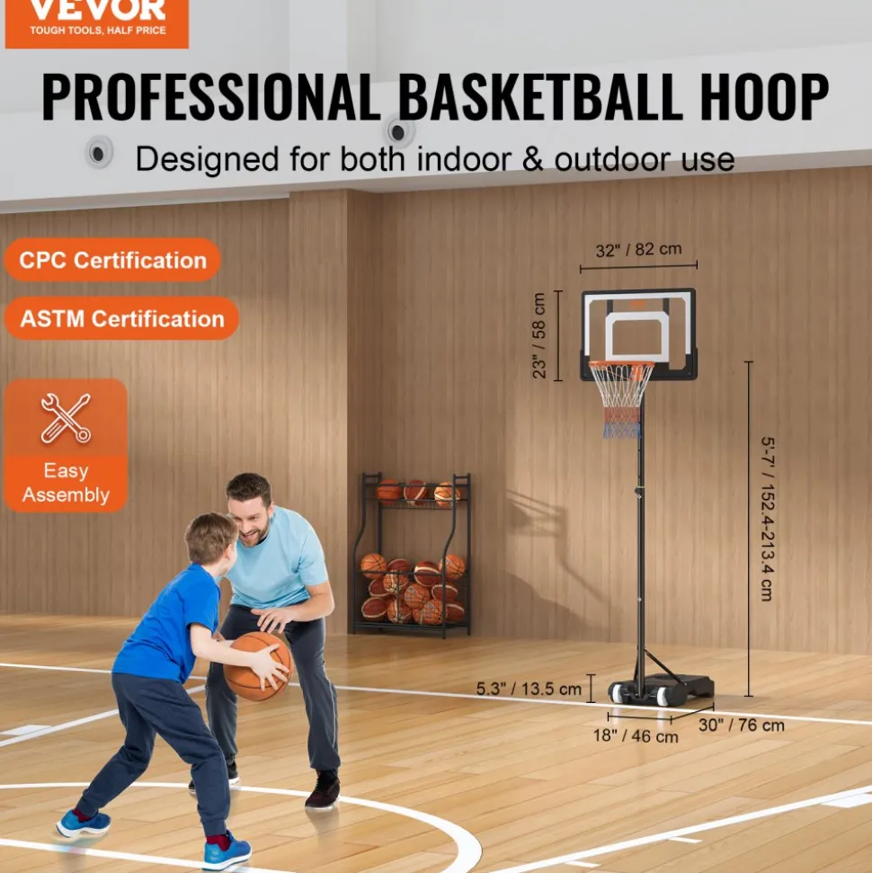 VEVOR Basketball Hoop, 4-10 ft Adjustable Height Portable Backboard System, 44 inch Basketball Hoop & Goal, Kids & Adults Basketball Set with Wheels, Stand, and Fillable Base, for Outdoor/Indoor