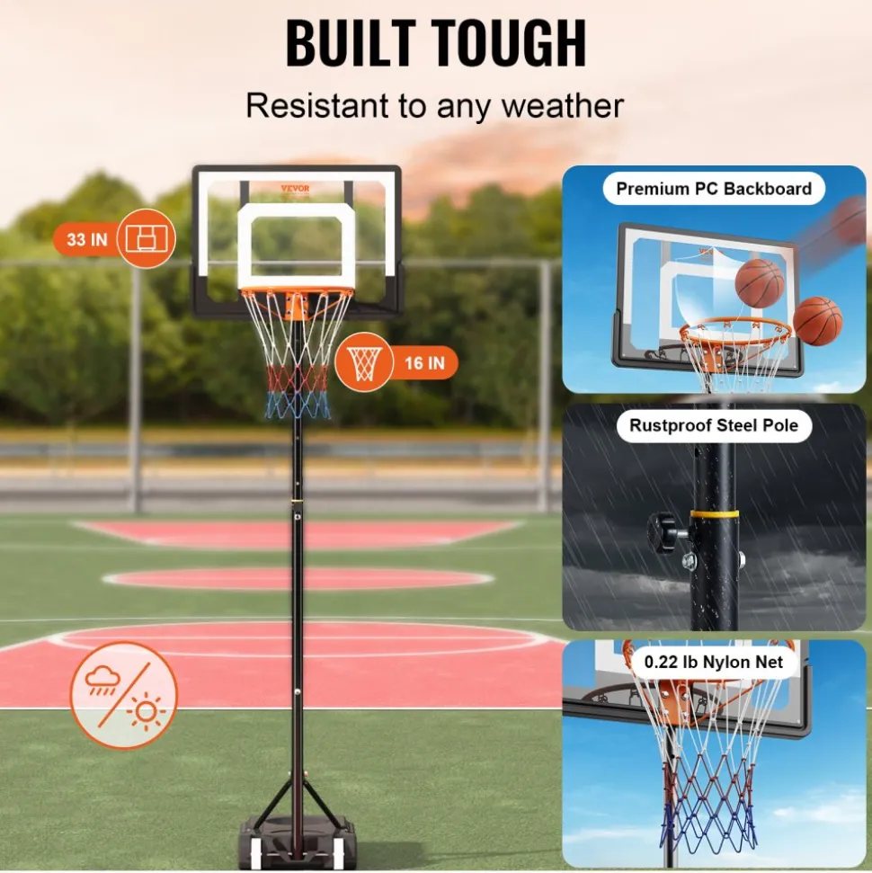VEVOR Basketball Hoop, 4-10 ft Adjustable Height Portable Backboard System, 44 inch Basketball Hoop & Goal, Kids & Adults Basketball Set with Wheels, Stand, and Fillable Base, for Outdoor/Indoor