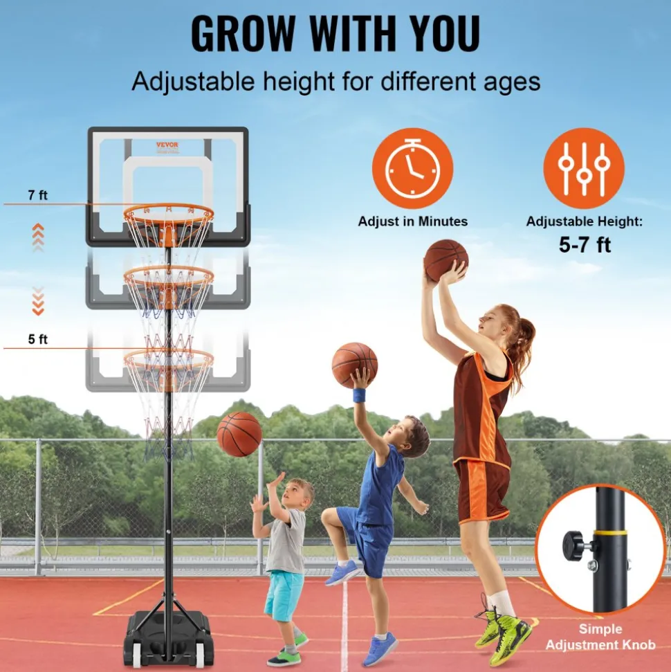 VEVOR Basketball Hoop, 4-10 ft Adjustable Height Portable Backboard System, 44 inch Basketball Hoop & Goal, Kids & Adults Basketball Set with Wheels, Stand, and Fillable Base, for Outdoor/Indoor