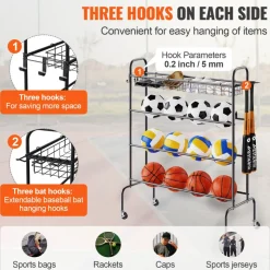 VEVOR Basketball Rack, 4-Layers Rolling Basketball Shooting Training Stand, Sports Equipment Storage Organizer with Wheels, Hooks and Baskets, Garage Ball Storage Holder for Football Soccer Volleyball