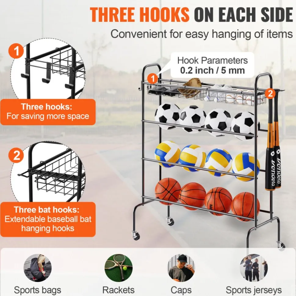 VEVOR Basketball Rack, 4-Layers Rolling Basketball Shooting Training Stand, Sports Equipment Storage Organizer with Wheels, Hooks and Baskets, Garage Ball Storage Holder for Football Soccer Volleyball