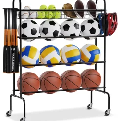 VEVOR Basketball Rack, 4-Layers Rolling Basketball Shooting Training Stand, Sports Equipment Storage Organizer with Wheels, Hooks and Baskets, Garage Ball Storage Holder for Football Soccer Volleyball