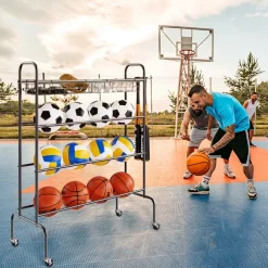 VEVOR Basketball Rack, 4-Layers Rolling Basketball Shooting Training Stand, Sports Equipment Storage Organizer with Wheels, Hooks and Baskets, Garage Ball Storage Holder for Football Soccer Volleyball