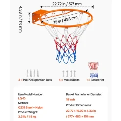 VEVOR Basketball Rim, Wall Door Mounted Basketball Hoop, Heavy Duty Q235 Basketball Flex Rim Goal Replacement with Net, Standard 18