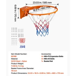 VEVOR Basketball Rim, Wall Door Mounted Basketball Hoop, Heavy Duty Q235 Basketball Flex Rim Goal Replacement with Net, Standard 18