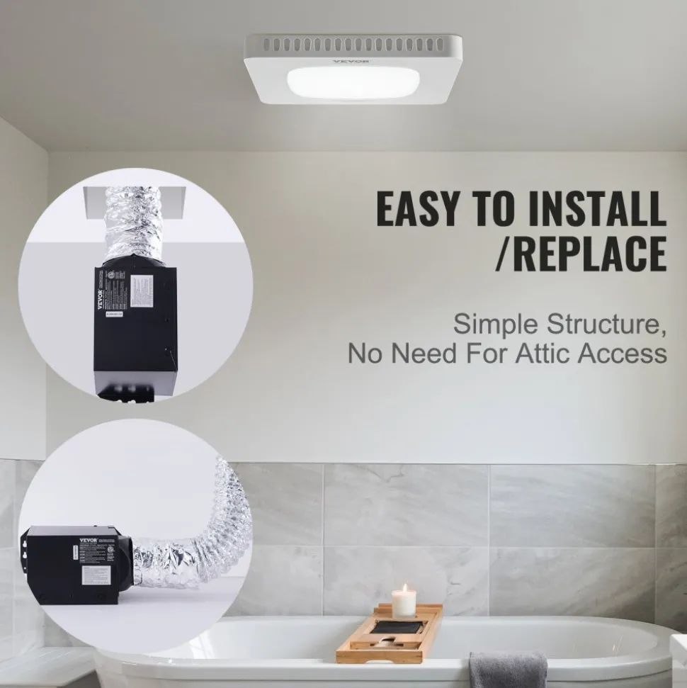 VEVOR Bathroom Exhaust Fan, 110 CFM High-Efficiency Ventilation, 1.5sones Low Noise Operation All-Copper Motor, Energy-Saving Bathroom Ceiling Fan, No Need For Attic Access, For Various Ceilings