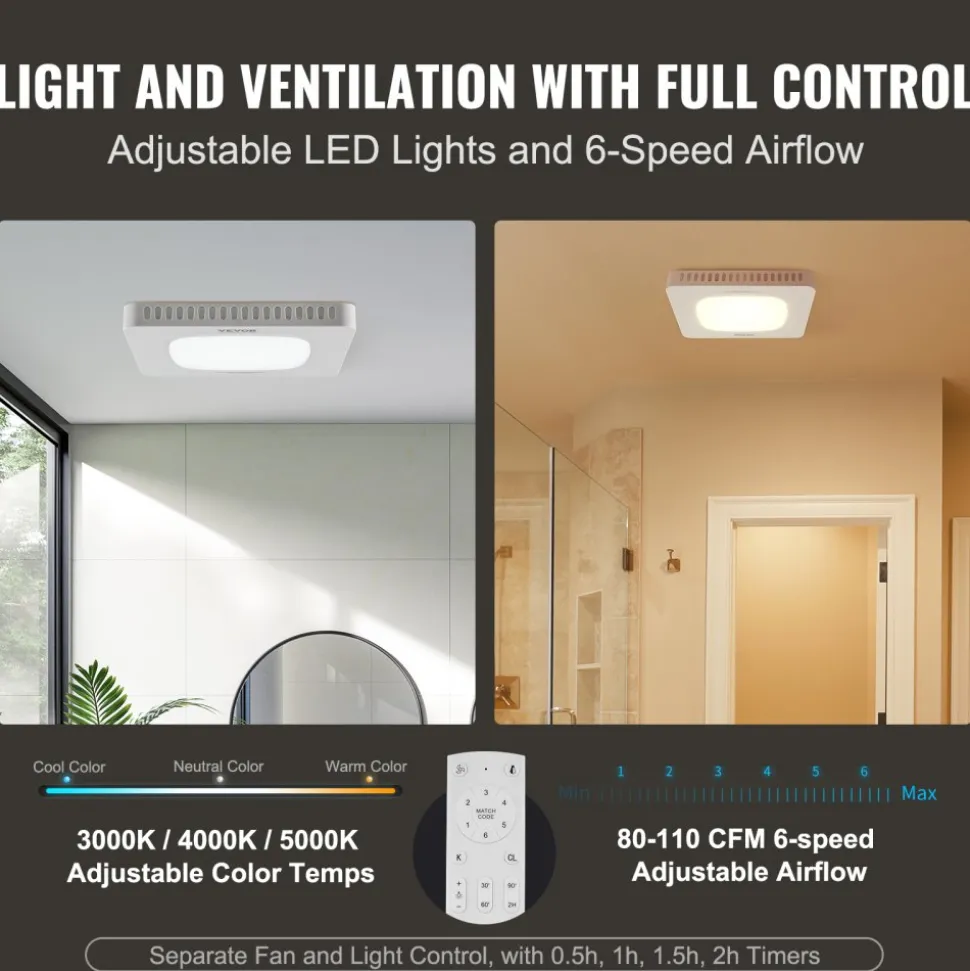 VEVOR Bathroom Exhaust Fan, 110 CFM High-Efficiency Ventilation, 1.5sones Low Noise Operation All-Copper Motor, Energy-Saving Bathroom Ceiling Fan, No Need For Attic Access, For Various Ceilings