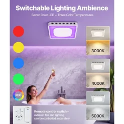 VEVOR Bathroom Exhaust Fan, 80-110-130 CFM Bathroom Vent with Seven Colors RGB Lights, 1.5 Sones Low-Noise, Premium DC Motor Ceiling Fan for KTV Laundry Room, Storage Room, Ventilation, White