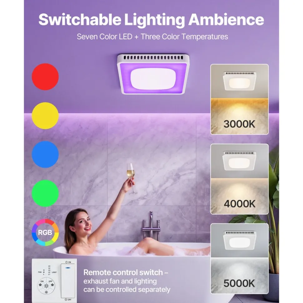VEVOR Bathroom Exhaust Fan, 80-110-130 CFM Bathroom Vent with Seven Colors RGB Lights, 1.5 Sones Low-Noise, Premium DC Motor Ceiling Fan for KTV Laundry Room, Storage Room, Ventilation, White