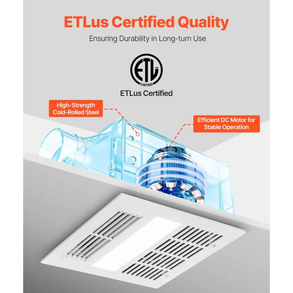 VEVOR Bathroom Exhaust Fan with Light and Heater, 80-90-110 CFM 1500W Bathroom Vent, 1.5 Sones Low-Noise, Premium DC Motor Ceiling Fan for Laundry Room, Storage Room, Home Ventilation, White