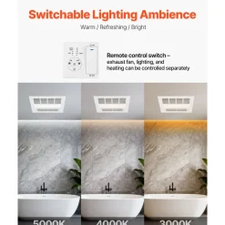 VEVOR Bathroom Exhaust Fan with Light and Heater, 80-90-110 CFM 1500W Bathroom Vent, 1.5 Sones Low-Noise, Premium DC Motor Ceiling Fan for Laundry Room, Storage Room, Home Ventilation, White