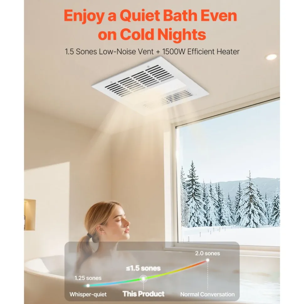 VEVOR Bathroom Exhaust Fan with Light and Heater, 80-90-110 CFM 1500W Bathroom Vent, 1.5 Sones Low-Noise, Premium DC Motor Ceiling Fan for Laundry Room, Storage Room, Home Ventilation, White