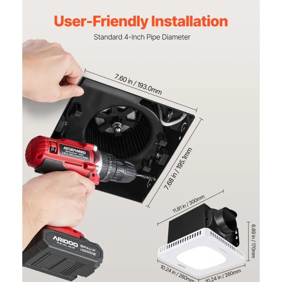 VEVOR Bathroom Exhaust Fan with LED Light, 80-110-130 CFM Bathroom Vent Three Gear Color Temp, 1.5 Sones Low-Noise, Premium AC Motor Ceiling Fan for Laundry Room, Storage Room, Home Ventilation, White