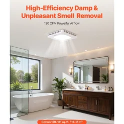 VEVOR Bathroom Exhaust Fan with LED Light, 80-110-130 CFM Bathroom Vent Three Gear Color Temp, 1.5 Sones Low-Noise, Premium AC Motor Ceiling Fan for Laundry Room, Storage Room, Home Ventilation, White