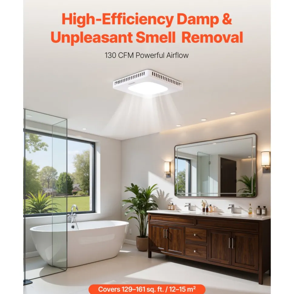 VEVOR Bathroom Exhaust Fan with LED Light, 80-110-130 CFM Bathroom Vent Three Gear Color Temp, 1.5 Sones Low-Noise, Premium AC Motor Ceiling Fan for Laundry Room, Storage Room, Home Ventilation, White