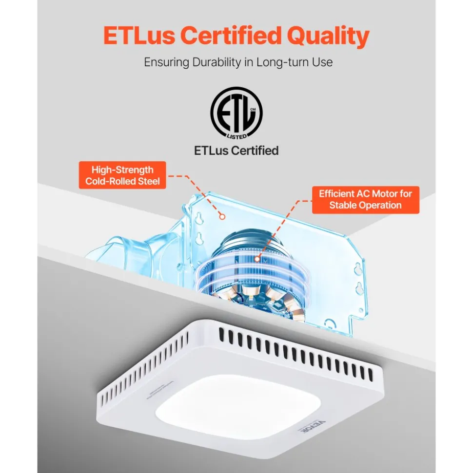 VEVOR Bathroom Exhaust Fan with LED Light, 80-110-130 CFM Bathroom Vent Three Gear Color Temp, 1.5 Sones Low-Noise, Premium AC Motor Ceiling Fan for Laundry Room, Storage Room, Home Ventilation, White