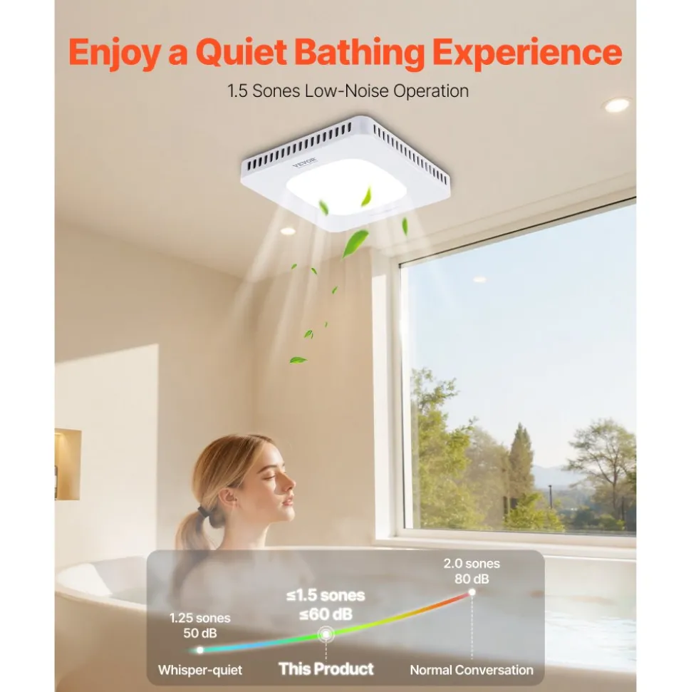 VEVOR Bathroom Exhaust Fan with LED Light, 80-110-130 CFM Bathroom Vent Three Gear Color Temp, 1.5 Sones Low-Noise, Premium AC Motor Ceiling Fan for Laundry Room, Storage Room, Home Ventilation, White