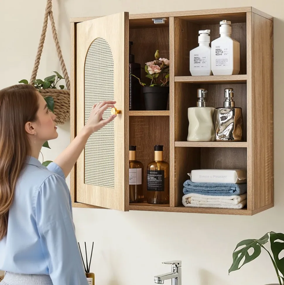 VEVOR Bathroom Wall Cabinet, Door and Adjustable Shelf with 5 Height Levels, Over the Toilet Storage Medicine Cabinet Wall Mounted, Hanging Organizer with Shelves for Laundry Room Kitchen Restroom