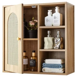 VEVOR Bathroom Wall Cabinet, Door and Adjustable Shelf with 5 Height Levels, Over the Toilet Storage Medicine Cabinet Wall Mounted, Hanging Organizer with Shelves for Laundry Room Kitchen Restroom