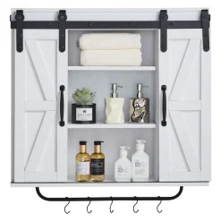 VEVOR Bathroom Wall Cabinet, 2 Doors and Adjustable Shelf, Over the Toilet Storage Medicine Cabinet Wall Mounted, Hanging Organizer with Open Partition/Towel Bar/Hooks for Laundry Room Kitchen, White
