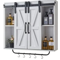 VEVOR Bathroom Wall Cabinet, 2 Doors and Adjustable Shelf, Over the Toilet Storage Medicine Cabinet Wall Mounted, Hanging Organizer with Open Partition/Towel Bar/Hooks for Laundry Room Kitchen, White