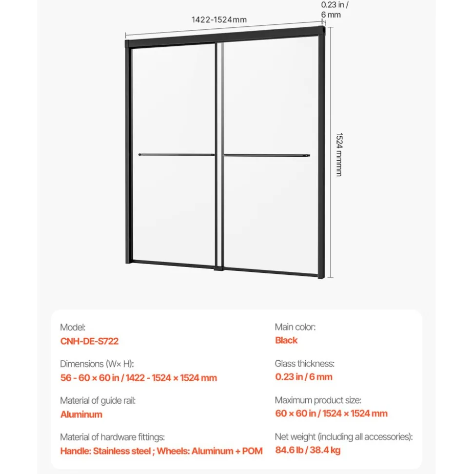 VEVOR Bathtub Shower Door, 56-60 in. W x 60 in. H, Semi-Frameless Double Sliding Tub Door, Semi-Frameless Bypass Tub Door with 1/4 in Shatterproof Tempered Glass and Stainless Steel Handle, Black