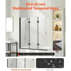 VEVOR Bathtub Shower Door, 51 in. W x 56 in. H, Frameless Foldable Hinged Shower Door, Tri-Fold Shower Glass Door with 1/4 in Tempered Glass Door, 180°Rotating and Folding Design, for Bathtub, Black