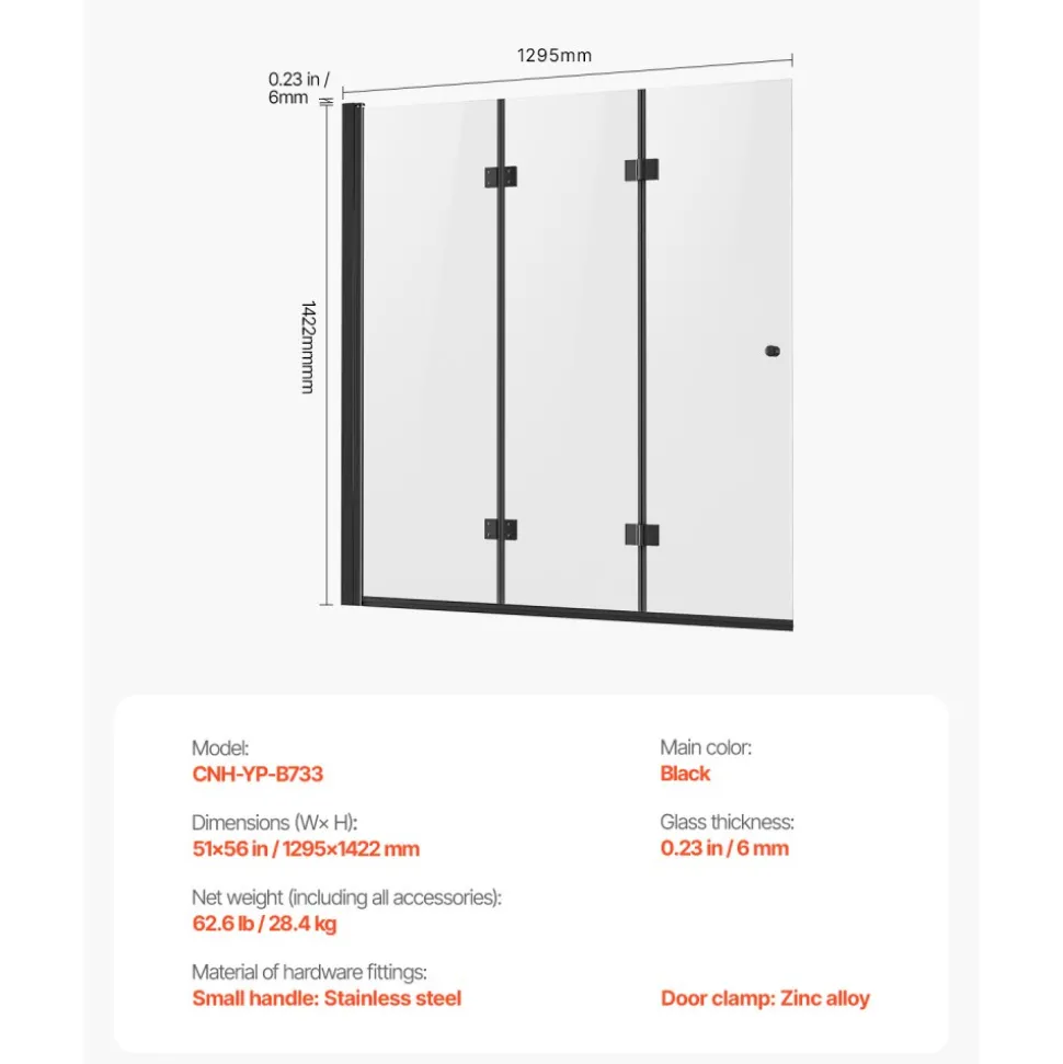 VEVOR Bathtub Shower Door, 51 in. W x 56 in. H, Frameless Foldable Hinged Shower Door, Tri-Fold Shower Glass Door with 1/4 in Tempered Glass Door, 180°Rotating and Folding Design, for Bathtub, Black