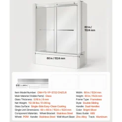 VEVOR Bathtub Shower Door 27.5" W x 55" H Frameless Pivot Tub Door, 1/4" Clear Tempered Glass, Easy-Clean Nano Coating, 180° Folding, Adjustable Sealing Strip, for Home Bathroom Tub, Silver