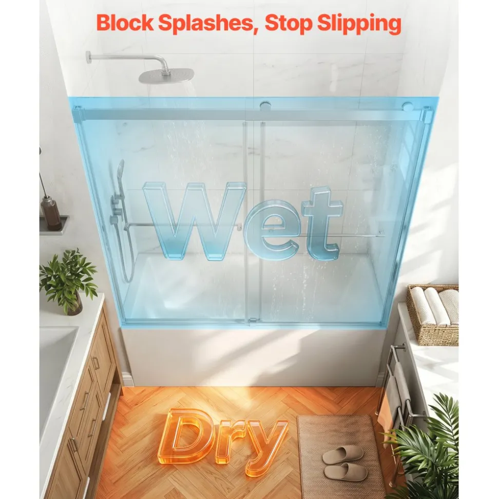 VEVOR Bathtub Shower Door 27.5" W x 55" H Frameless Pivot Tub Door, 1/4" Clear Tempered Glass, Easy-Clean Nano Coating, 180° Folding, Adjustable Sealing Strip, for Home Bathroom Tub, Silver