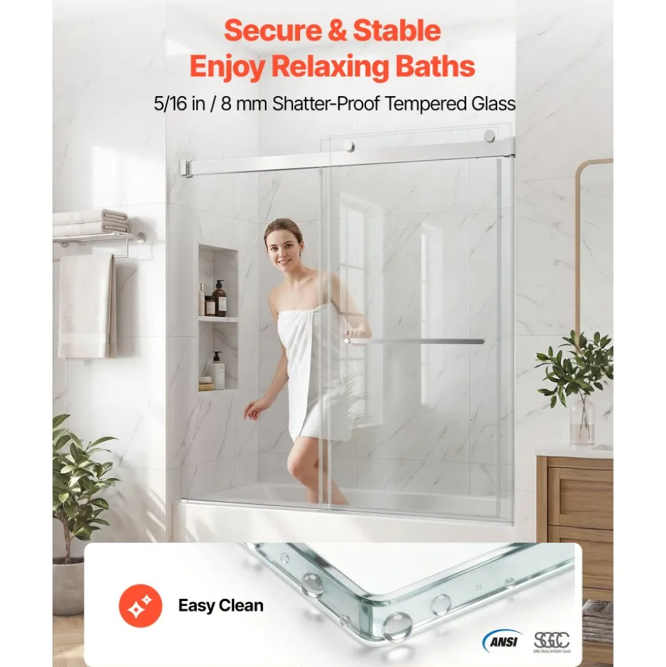 VEVOR Bathtub Shower Door 27.5" W x 55" H Frameless Pivot Tub Door, 1/4" Clear Tempered Glass, Easy-Clean Nano Coating, 180° Folding, Adjustable Sealing Strip, for Home Bathroom Tub, Silver
