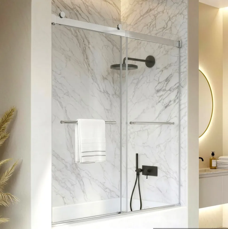 VEVOR Bathtub Shower Door 27.5" W x 55" H Frameless Pivot Tub Door, 1/4" Clear Tempered Glass, Easy-Clean Nano Coating, 180° Folding, Adjustable Sealing Strip, for Home Bathroom Tub, Silver
